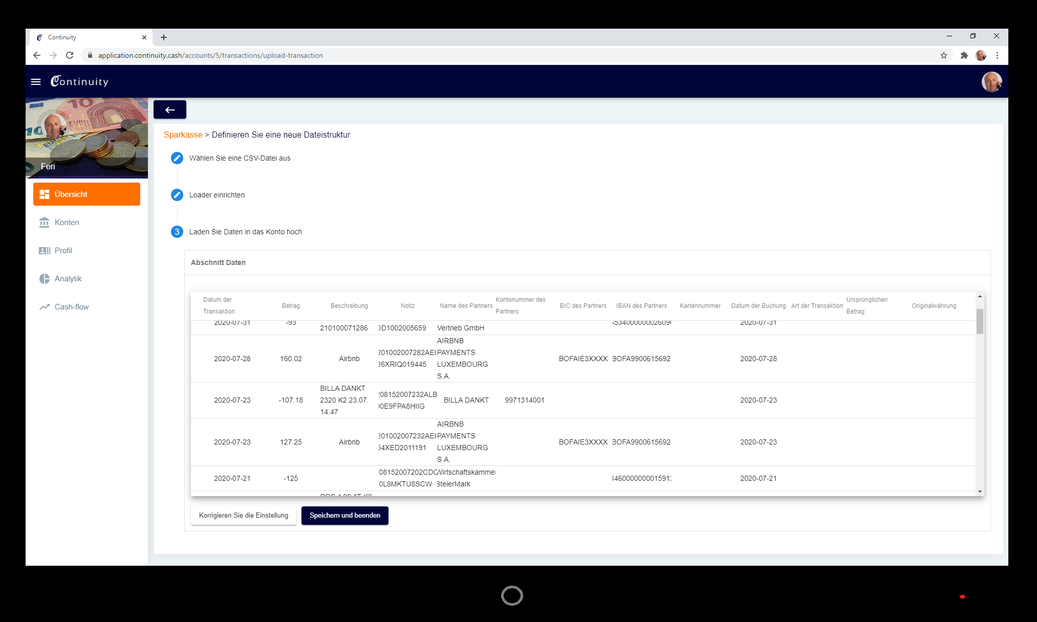 The desktop view of the transaction uploader screen, The data loaded from a file and arranged in columns.
The entry of the transactions is the first step to control the cash-flow.
After the upload the regularities are recognized and planned for the future.