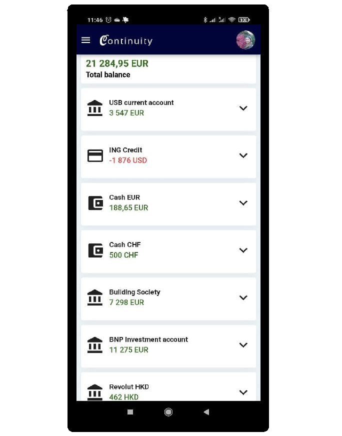 The overview of the accounts:
different account types e.g. current account, credit account, building society, investment account and cash.
Also the currencies are different.