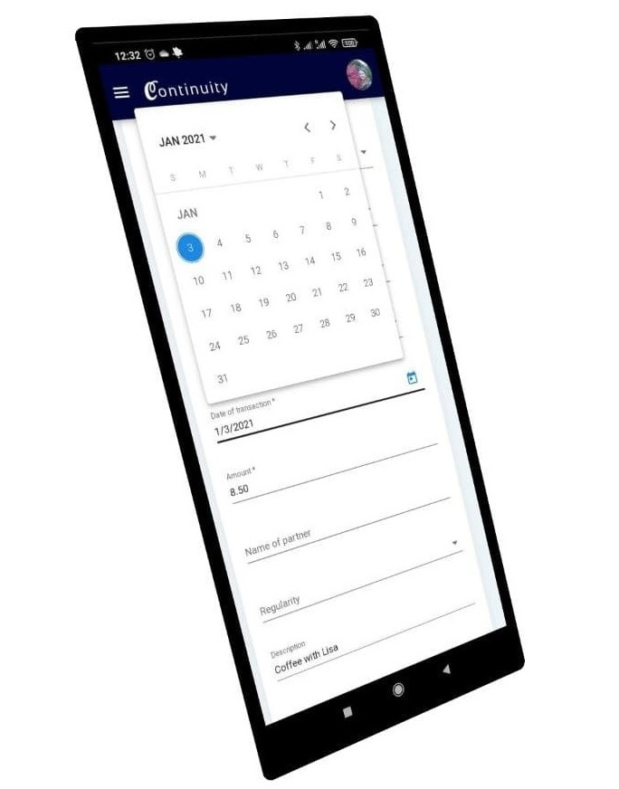 The mobile view of a transaction entry. The user is selecting the date of the transaction. You can also set the regularity of the transaction manually in order to make your cash-flow plan precise.